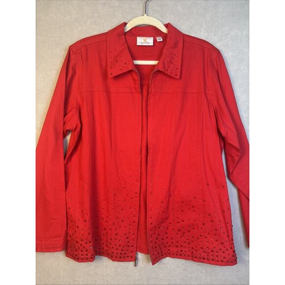 Quacker Factory Jacket Large Jeweled Red Cotton Denim Full Zip Collared Holiday - Picture 1 of 7